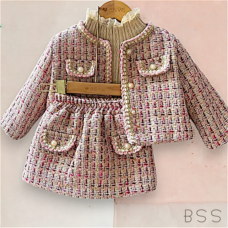Conjunto Infantil de Inverno Casaco e Saia Rosa
