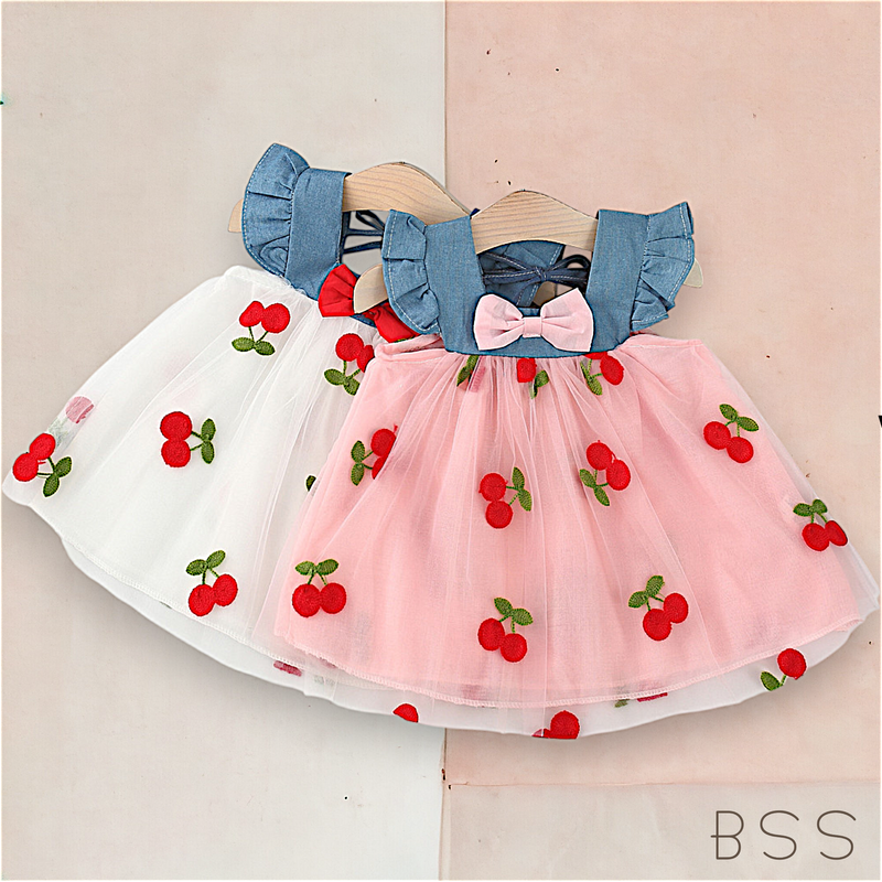 Vestido Infantil Tule Cereja e Laço