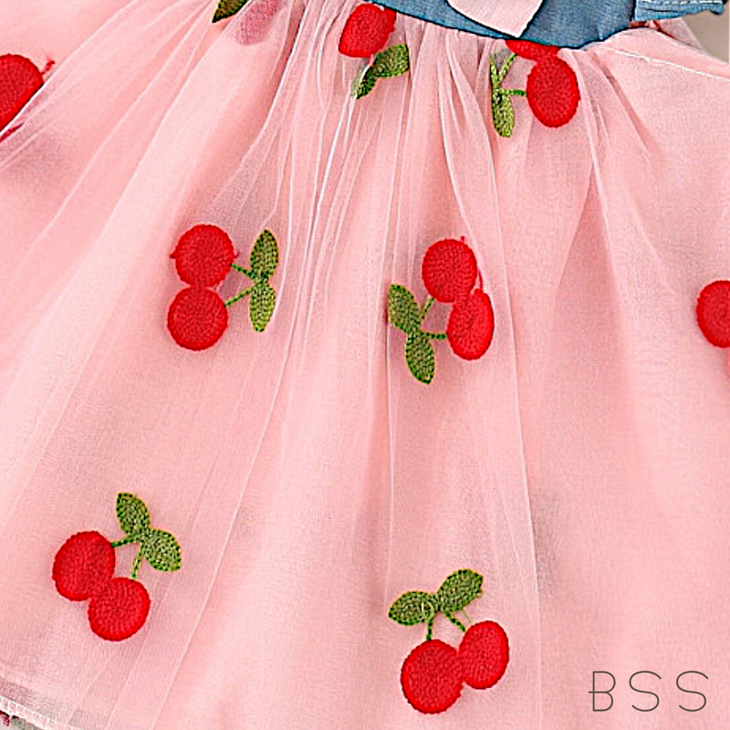 Vestido Infantil Tule Cereja e Laço