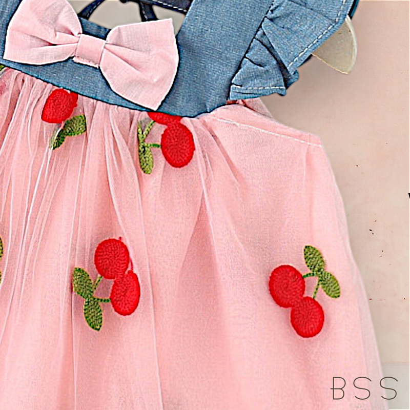 Vestido Infantil Tule Cereja e Laço