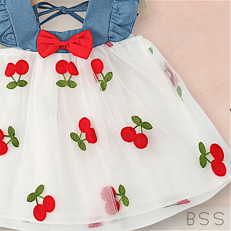 Vestido Infantil Tule Cereja e Laço