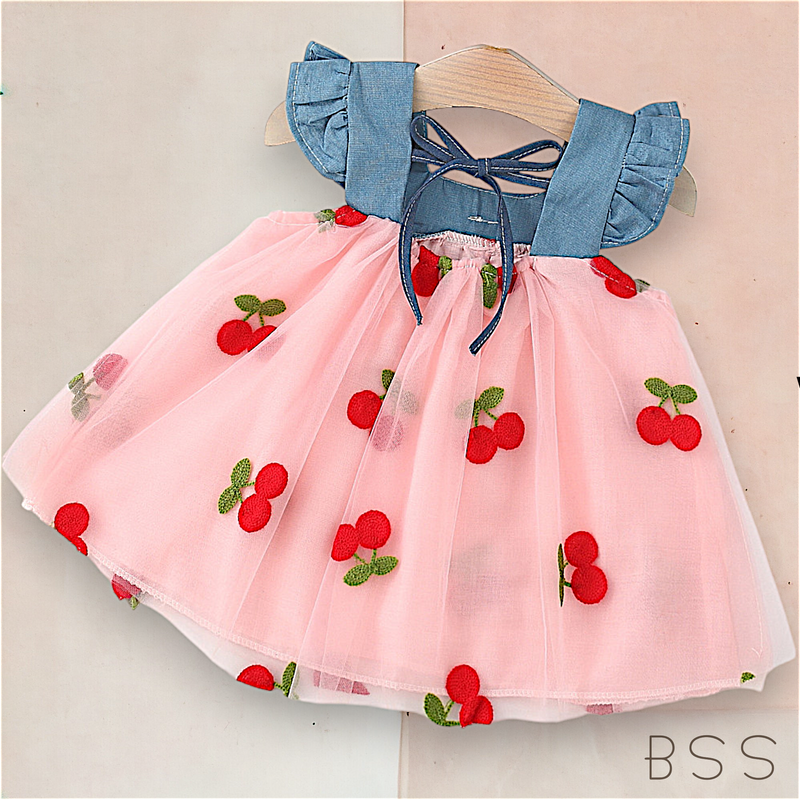 Vestido Infantil Tule Cereja e Laço