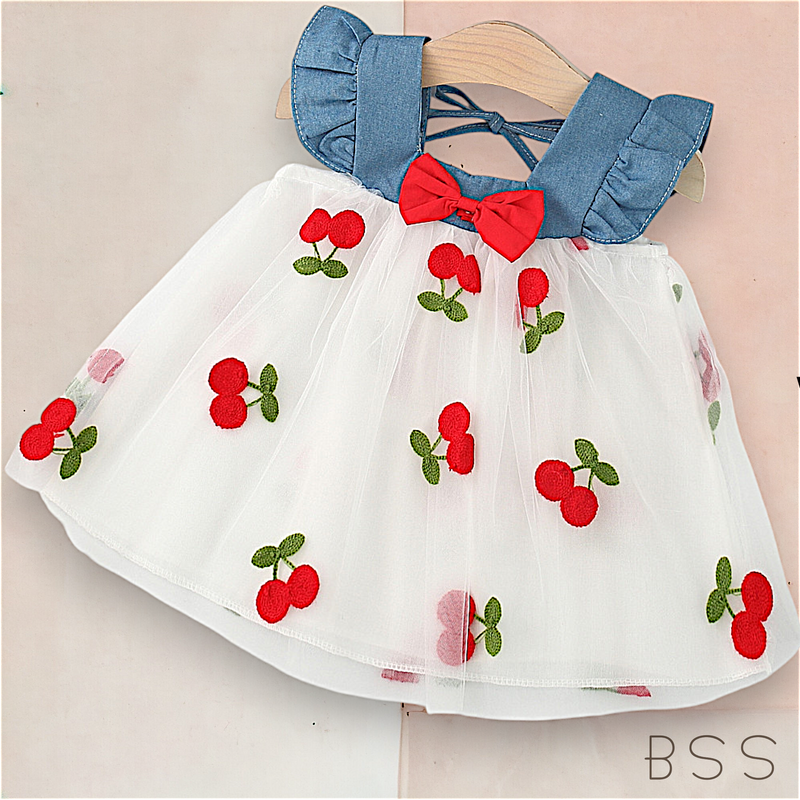 Vestido Infantil Tule Cereja e Laço