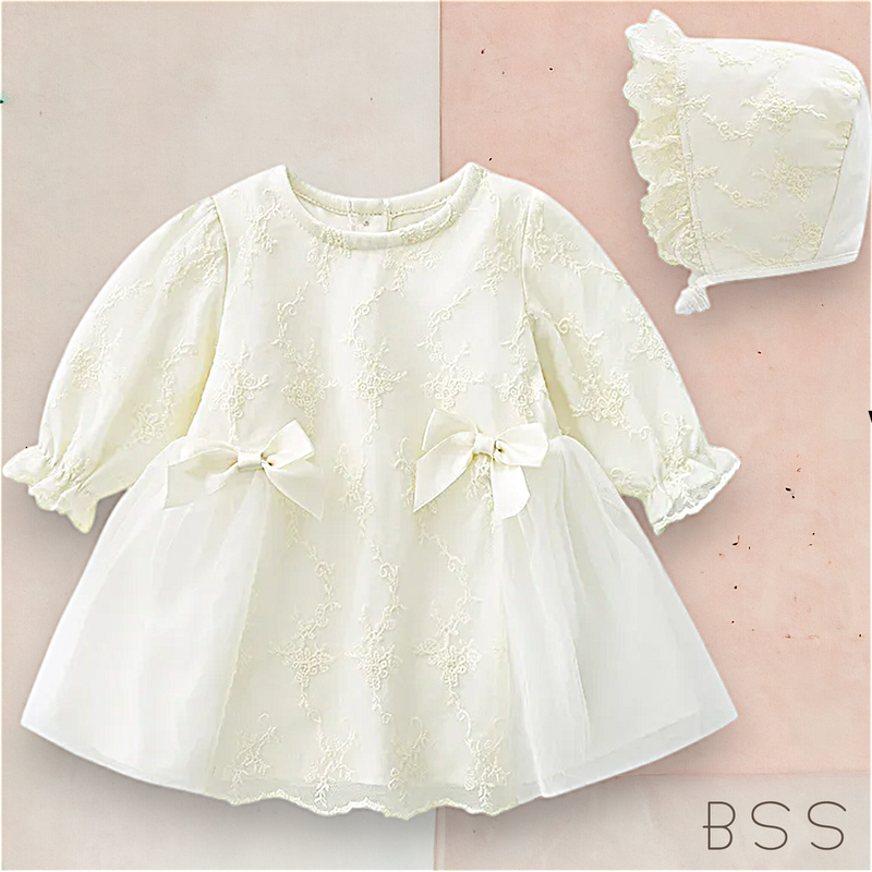 Vestido Infantil com Laços Rendas e Touca