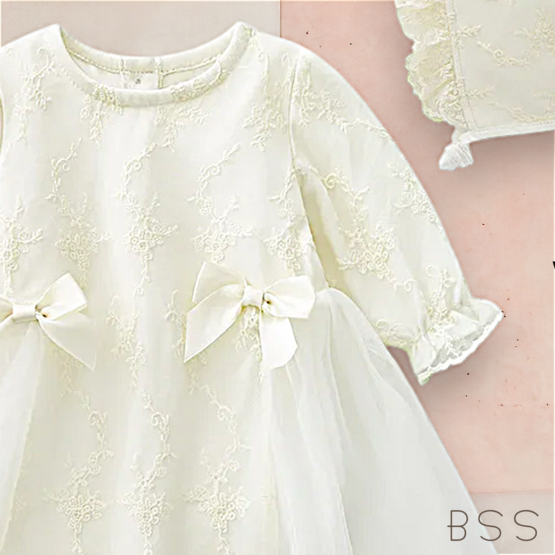 Vestido Infantil com Laços Rendas e Touca