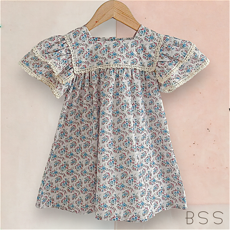 Vestido Infantil Verão Floral Manga Dupla Azul