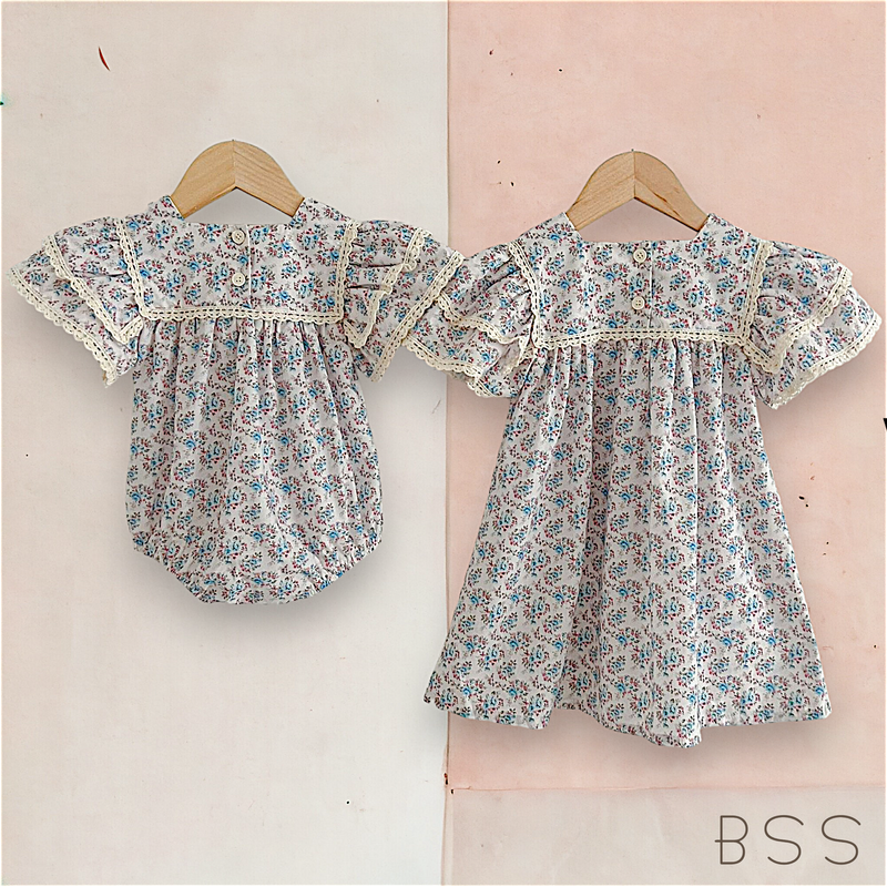 Vestido Infantil Verão Floral Manga Dupla Azul