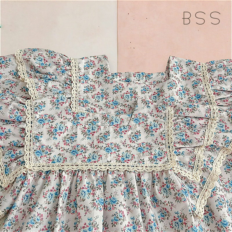 Vestido Infantil Verão Floral Manga Dupla Azul