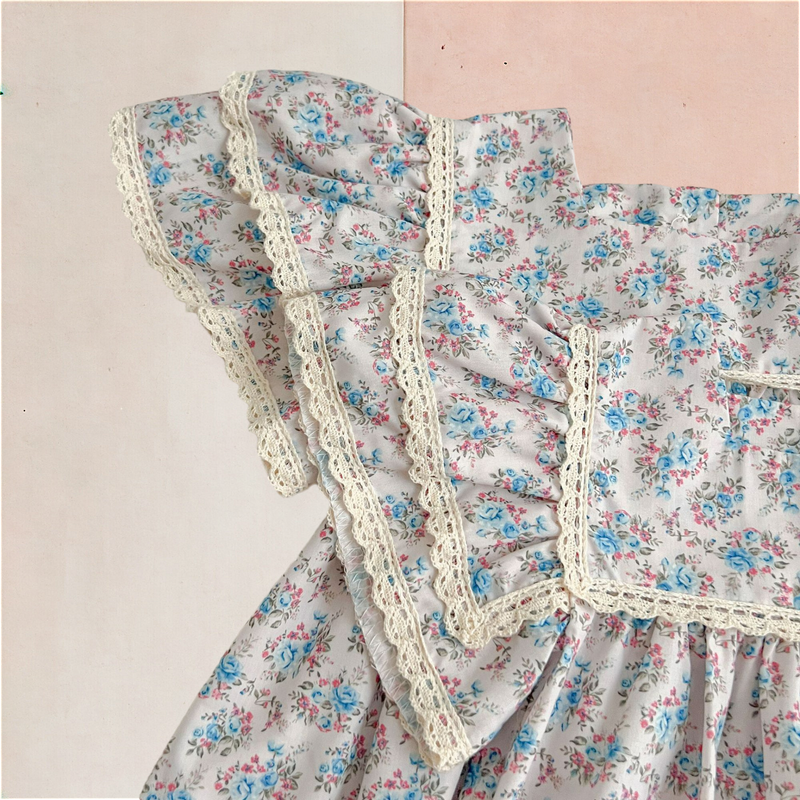 Vestido Infantil Verão Floral Manga Dupla Azul
