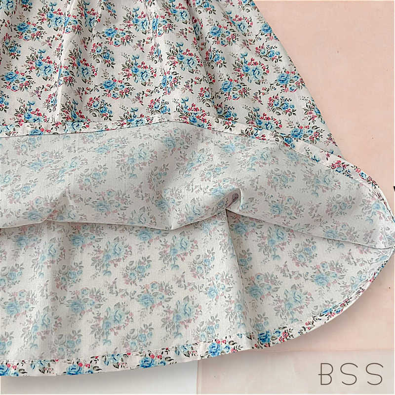 Vestido Infantil Verão Floral Manga Dupla Azul