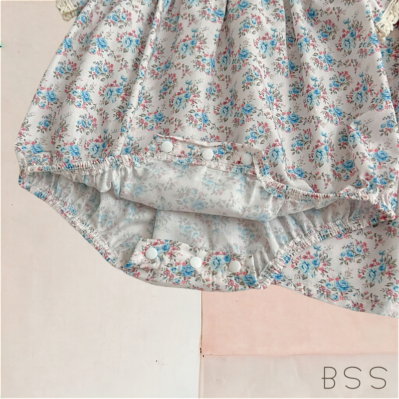 Romper Verão Floral Manga Dupla Azul