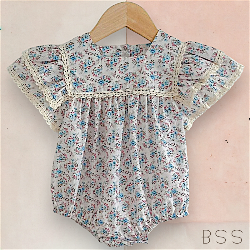 Romper Verão Floral Manga Dupla Azul