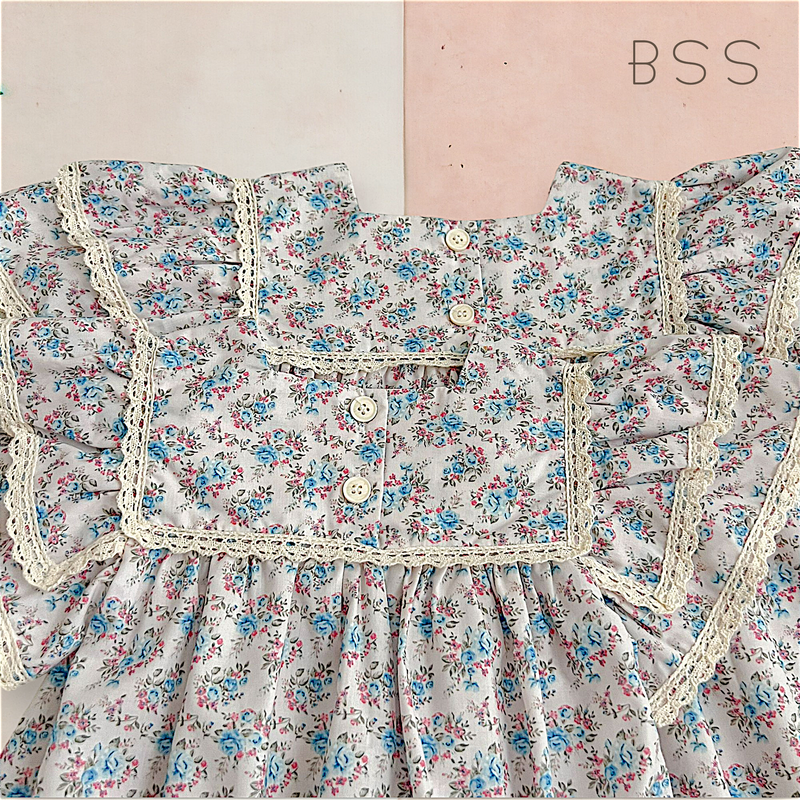 Vestido Infantil Verão Floral Manga Dupla Azul