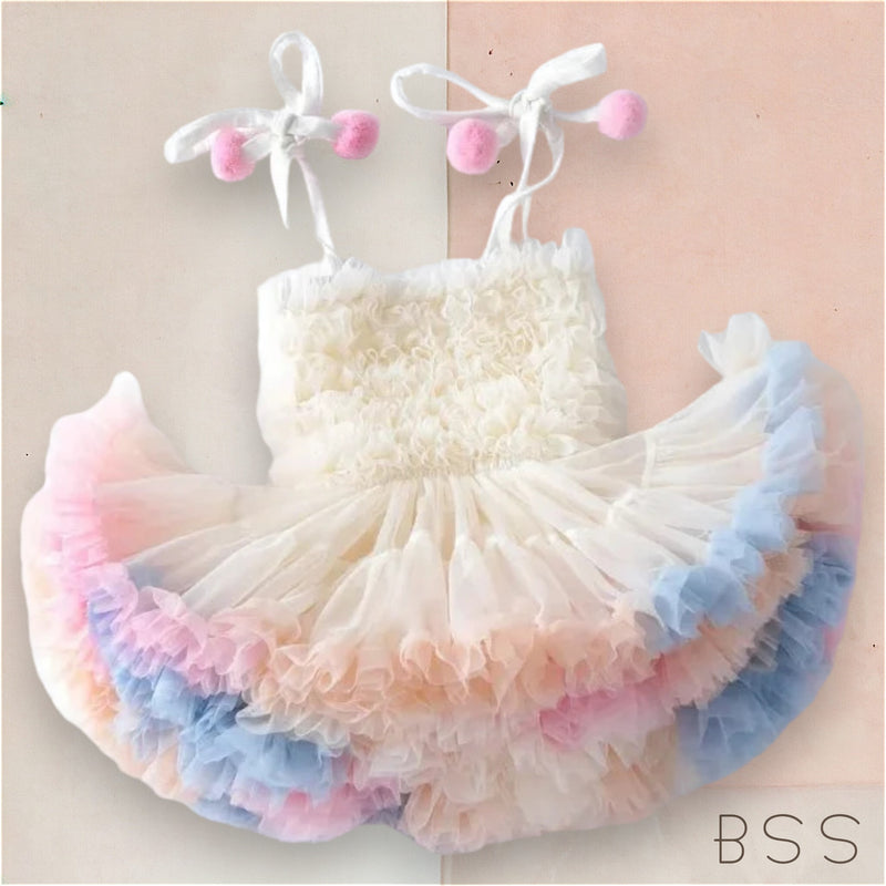 Vestido Infantil Tule com Babados e Alçinha