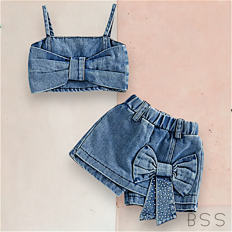 Conjunto Infantil Verão Jeans Short e Cropped
