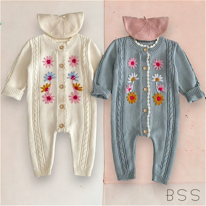 Macacão Tricot Inverno Floral Bordado