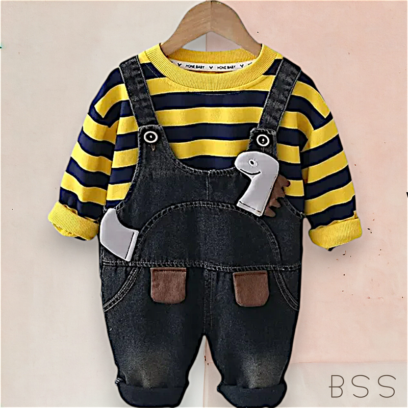 Conjunto Infantil Jardineira Jeans Dinossauro