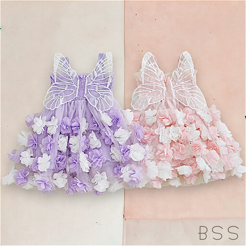 Vestido Infantil Tule Borboleta Flores 3D