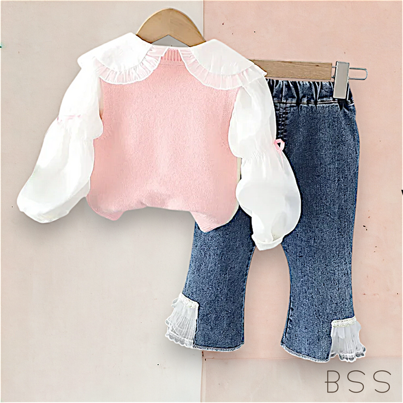 Conjunto Infantil Jeans com Colete Floral