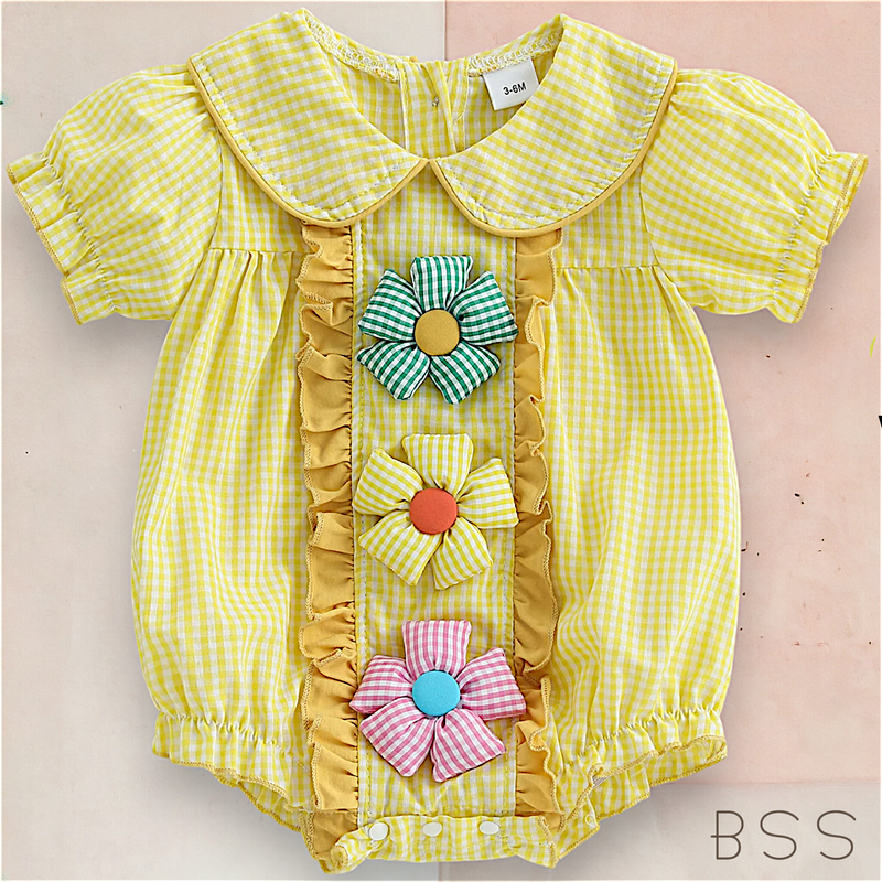 Romper Xadrez Apliques 3D Flores