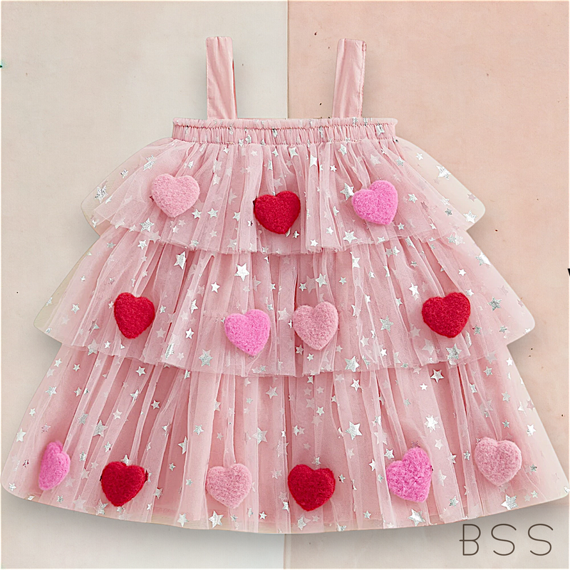 Vestido Infantil Tule com Apliques Coração