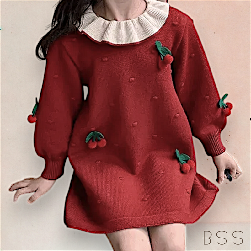 Vestido Infantil Inverno Tricot Cereja
