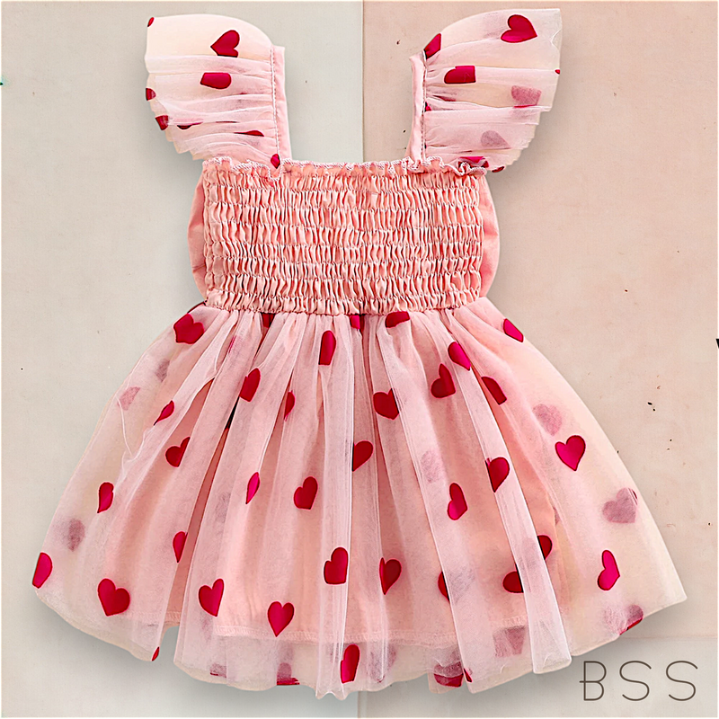 Vestido Infantil Tule com Corações e Laço