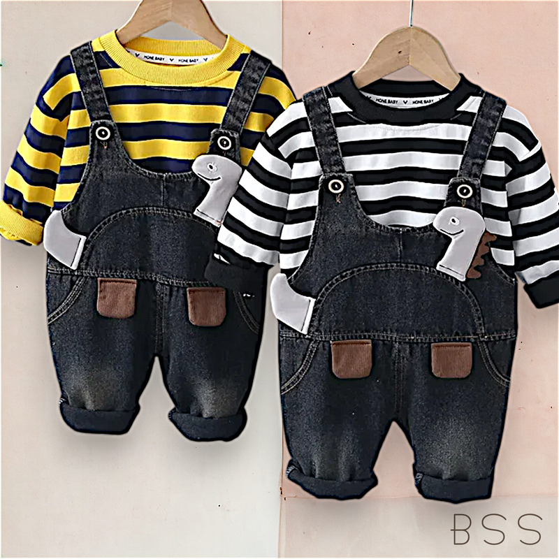Conjunto Infantil Jardineira Jeans Dinossauro