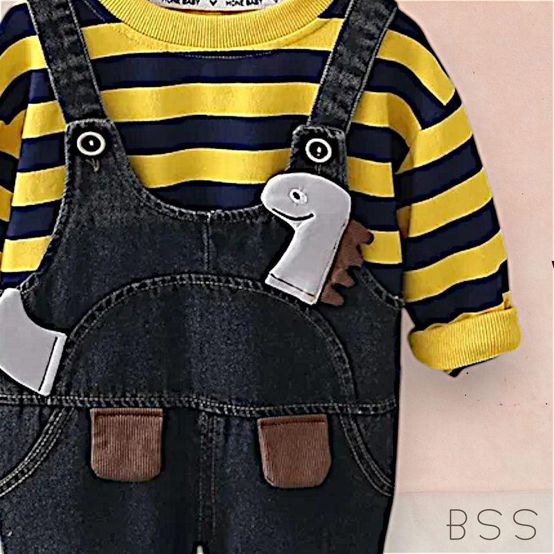 Conjunto Infantil Jardineira Jeans Dinossauro