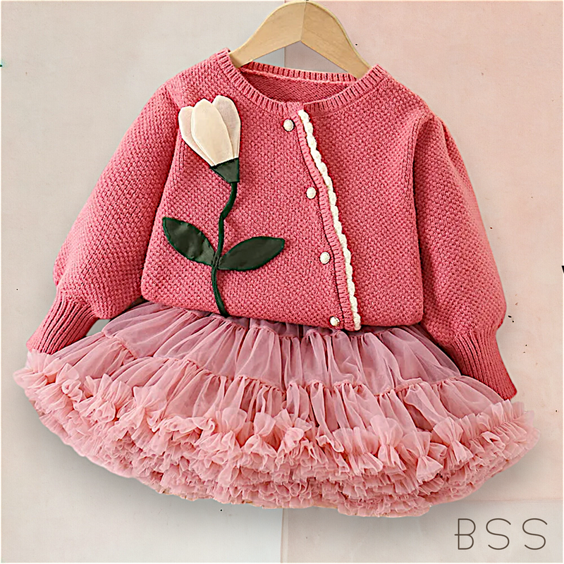 Conjunto Infantil Cardigan e Saia