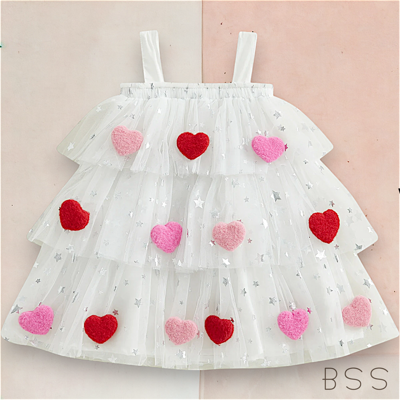 Vestido Infantil Tule com Apliques Coração