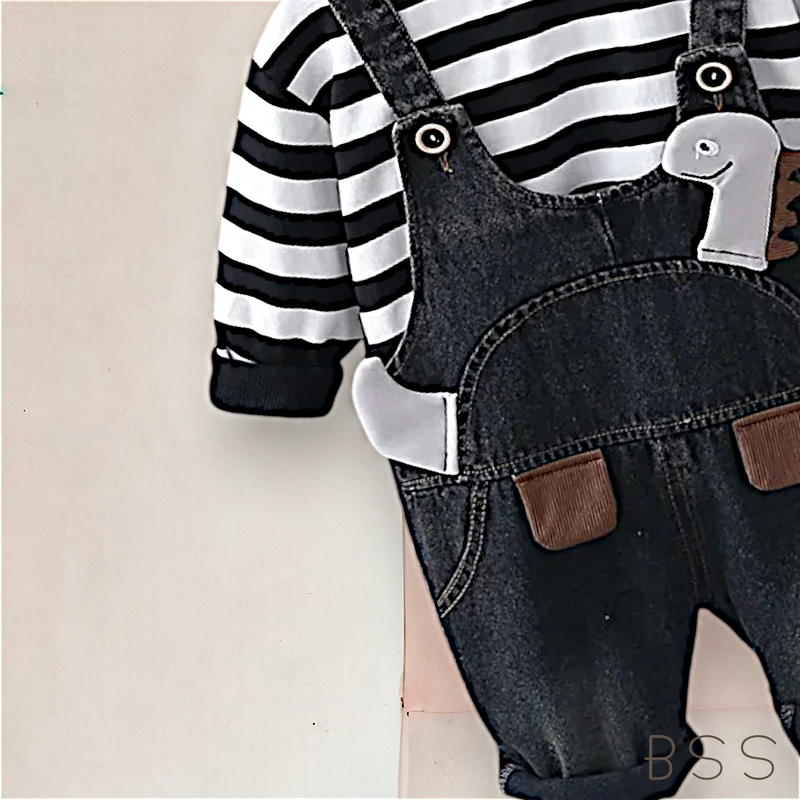 Conjunto Infantil Jardineira Jeans Dinossauro