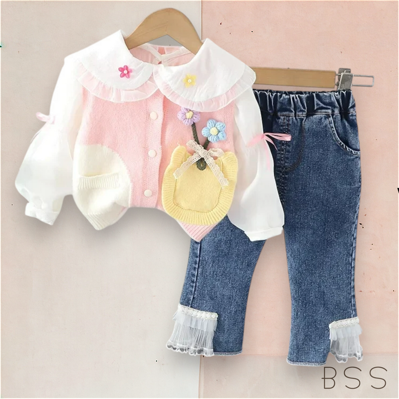 Conjunto Infantil Jeans com Colete Floral