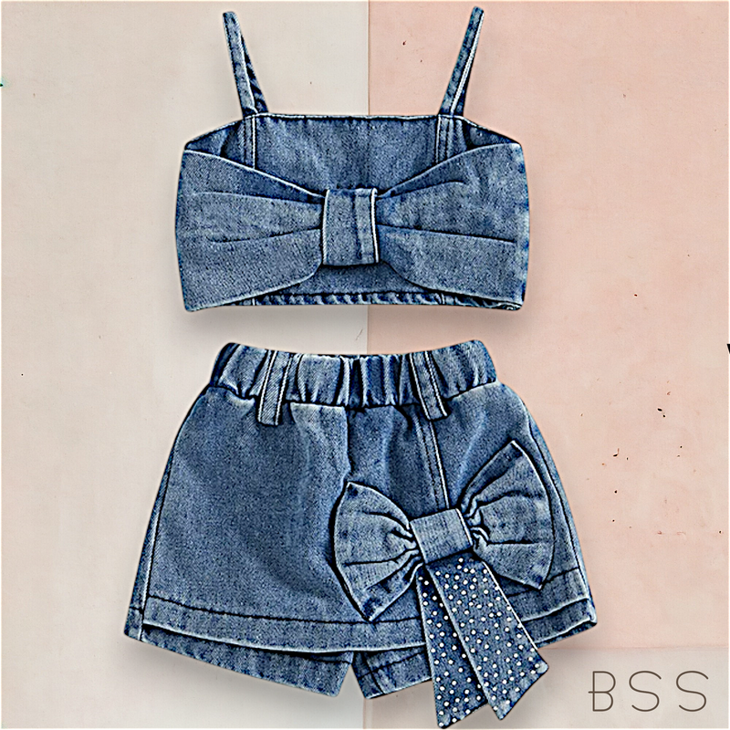 Conjunto Infantil Verão Jeans Short e Cropped