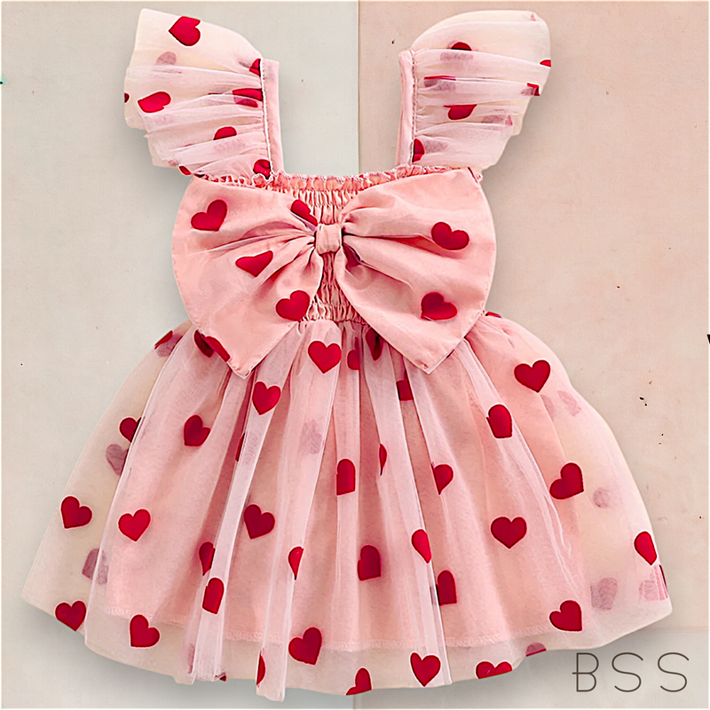Vestido Infantil Tule com Corações e Laço