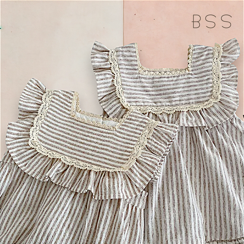 Vestido Infantil Minimalista Listrado Bico Bordado