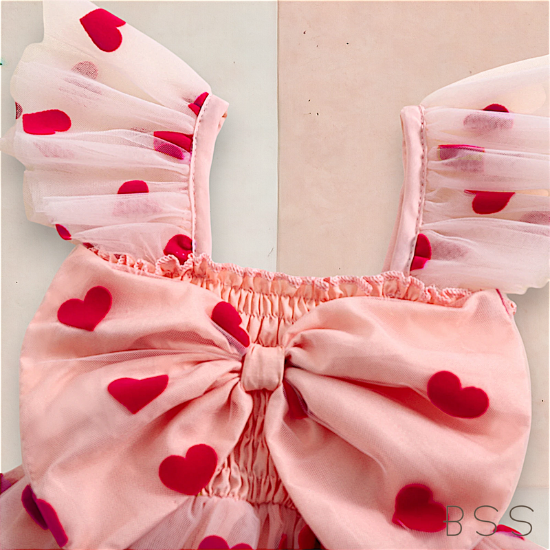 Vestido Infantil Tule com Corações e Laço