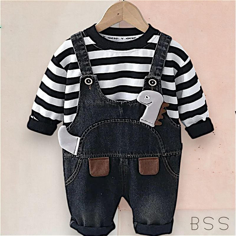 Conjunto Infantil Jardineira Jeans Dinossauro