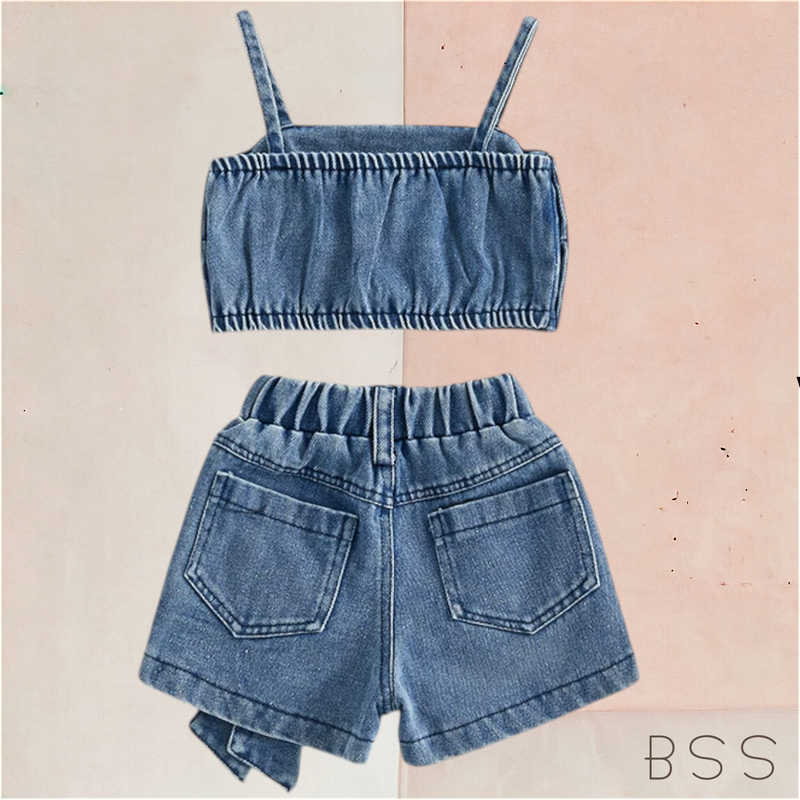 Conjunto Infantil Verão Jeans Short e Cropped