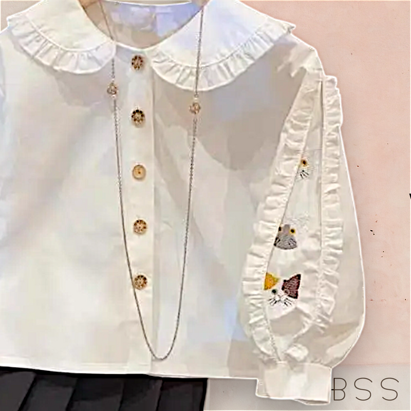 Camisa em Tricoline Bordada Com Babados