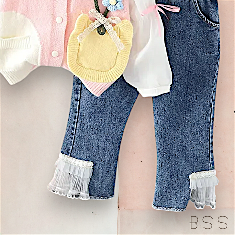 Conjunto Infantil Jeans com Colete Floral