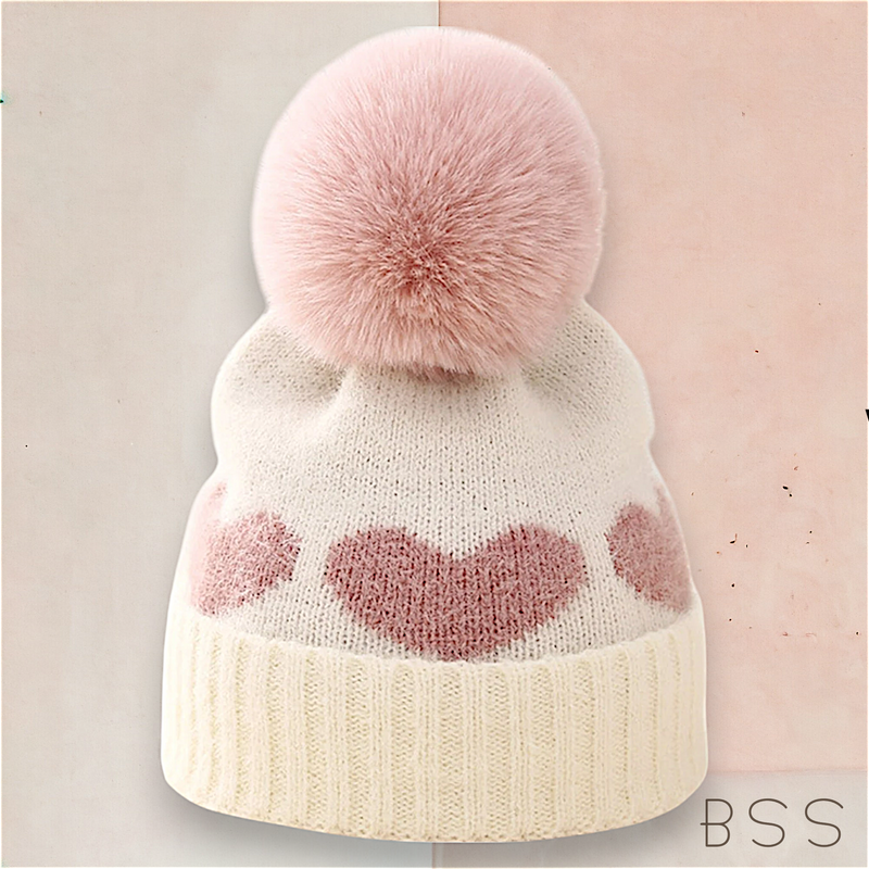 Gorro Infantil Tricot Corações e Pompom