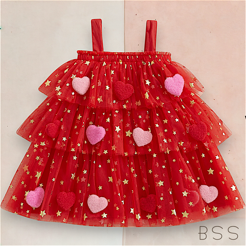 Vestido Infantil Tule com Apliques Coração