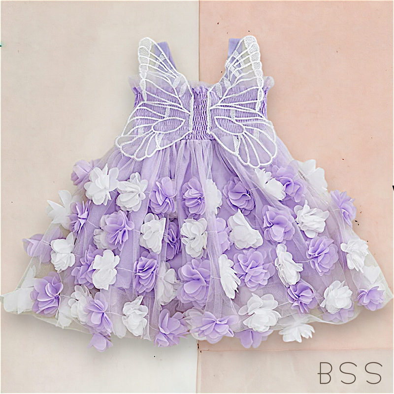 Vestido Infantil Tule Borboleta Flores 3D